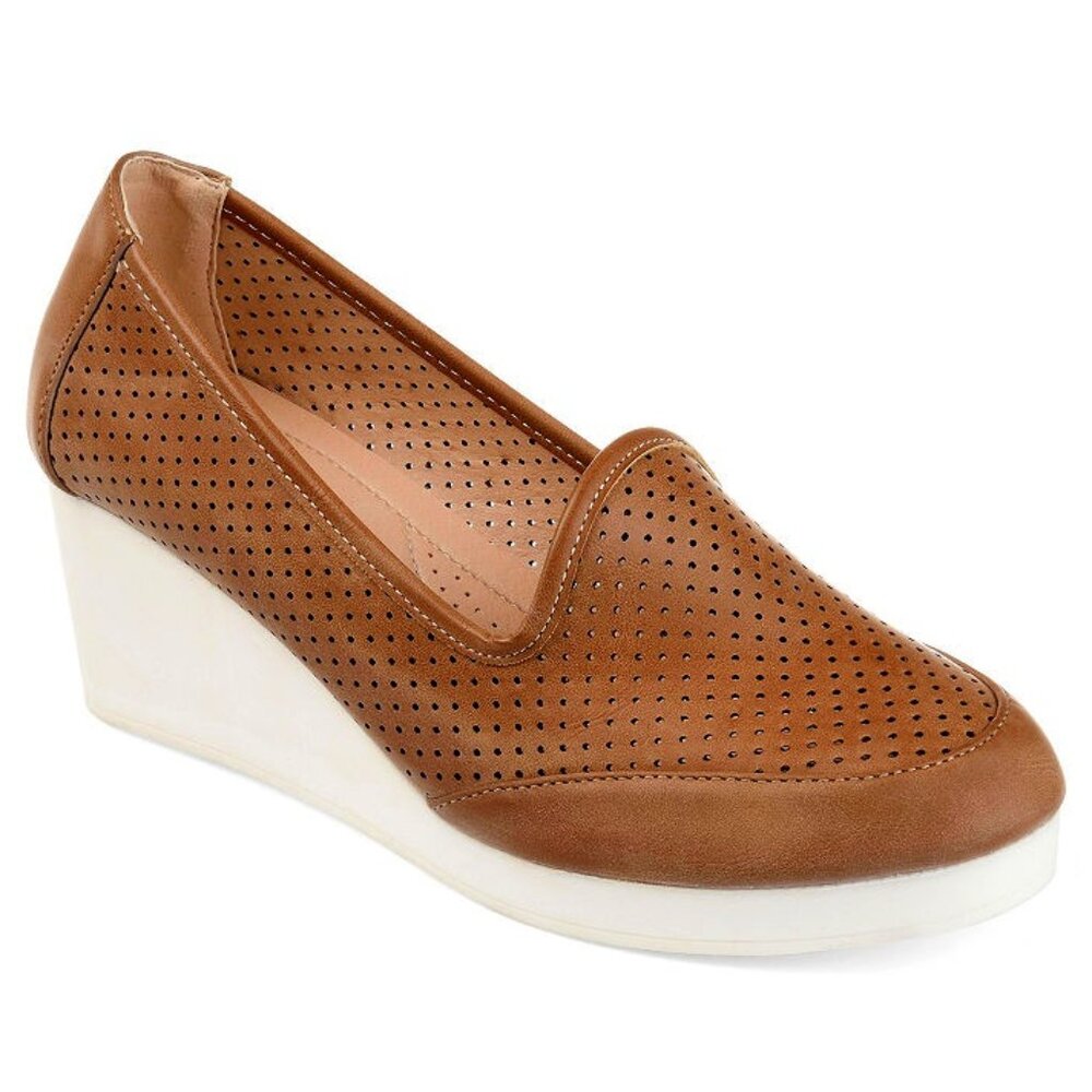 Journee Collection Tan Perforated Wedge Loafers